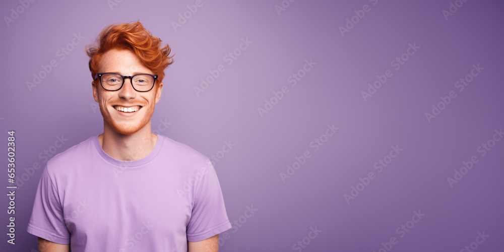 Handsome ginger man wearing purple t-shirt and glasses. Isolated on purple background. Handsome ginger man wearing purple t-shirt and glasses. Isolated on purple background.