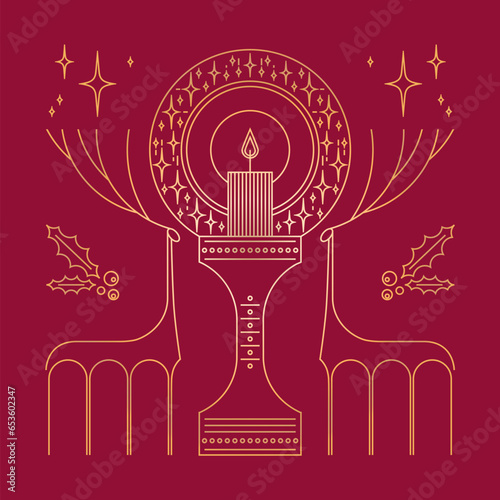 Styled illustration of the reindeers and Christmas decorations. Line art. Symmetric composition