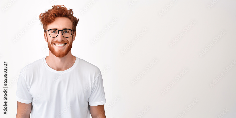 Handsome ginger man wearing white t-shirt and glasses. Isolated on white background. - obrazy, fototapety, plakaty 