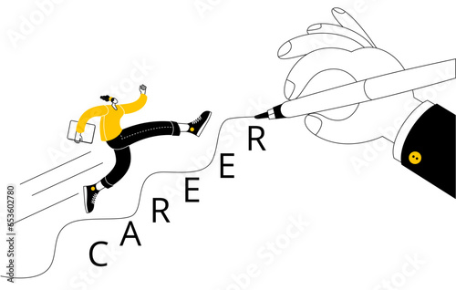 A girl in casual clothes with a laptop in her hands is running up the career ladder, which is drawn by a large rka. Vector illustration of career counseling and building a successful career.