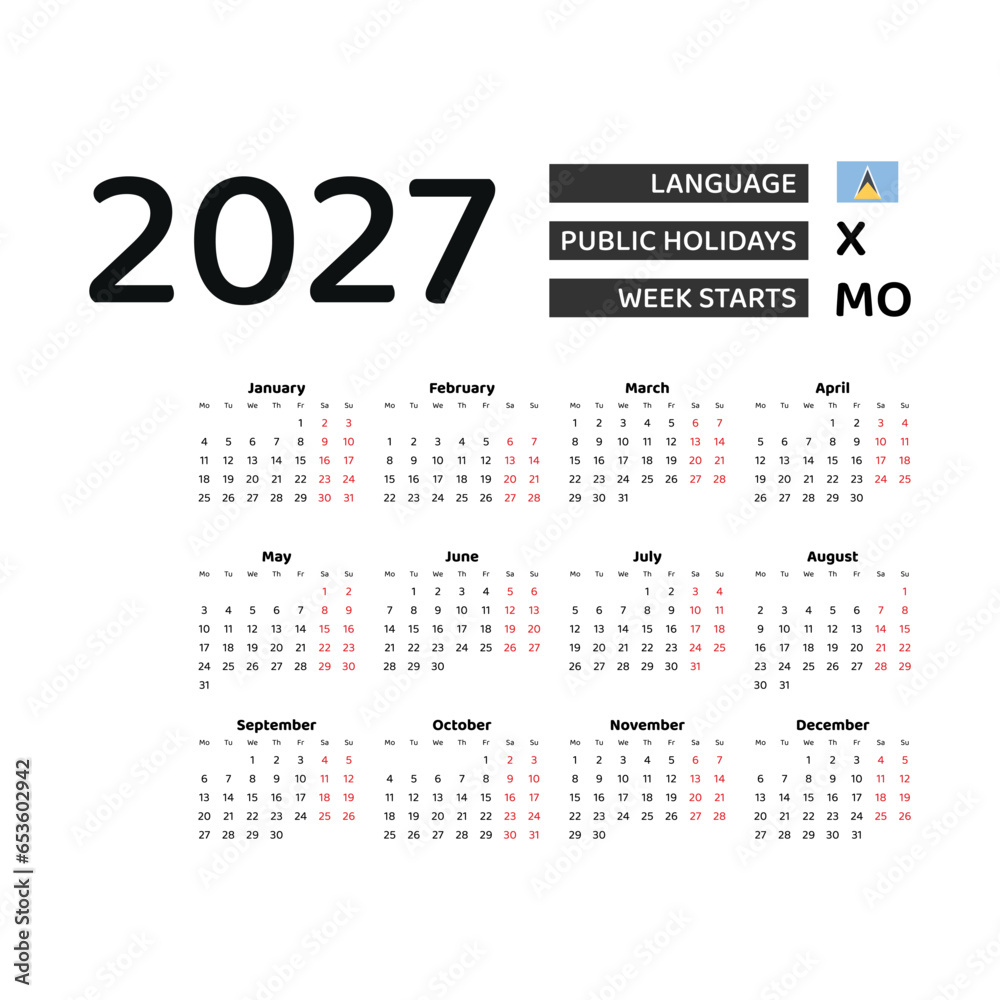Calendar 2027 English language with Saint Lucia public holidays. Week starts from Monday. Graphic design vector illustration.