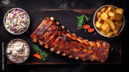 Grilled ribs with coleslaw and potatoes on a black plate. Created with Generative AI. photo