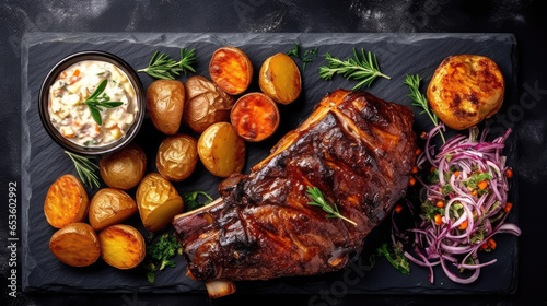 Grilled ribs with coleslaw and potatoes on a black plate. Created with Generative AI.