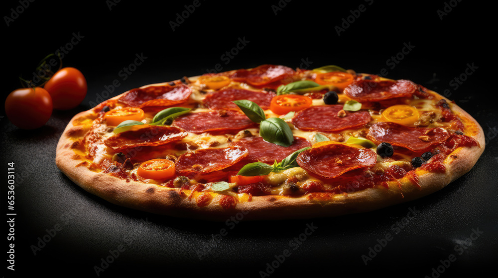 Pepperoni pizza with fresh tomatoes, basil, and olives Pepperoni pizza with fresh tomatoes, basil, and olives