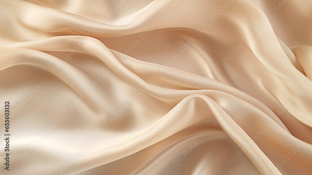 Beige cream vanilla light brown silk satin fabric. Soft wavy folds in the fabric. Wedding, anniversary, valentine, love, tender. Beautiful abstract background with space for your design.  - obrazy, fototapety, plakaty 