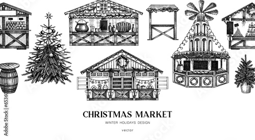 Christmas market background. Hand drawn vector illustration. European holiday marketplace banner. Christmas tree, wooden stall, candy shop, bakery, mulled wine sketches. Architecture desin