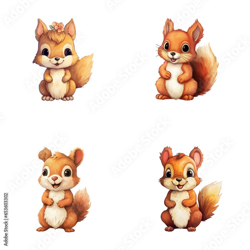 set of cute squirrel watercolor illustrations for printing on baby clothes, sticker, postcards, baby showers, games and books, safari jungle animals vector