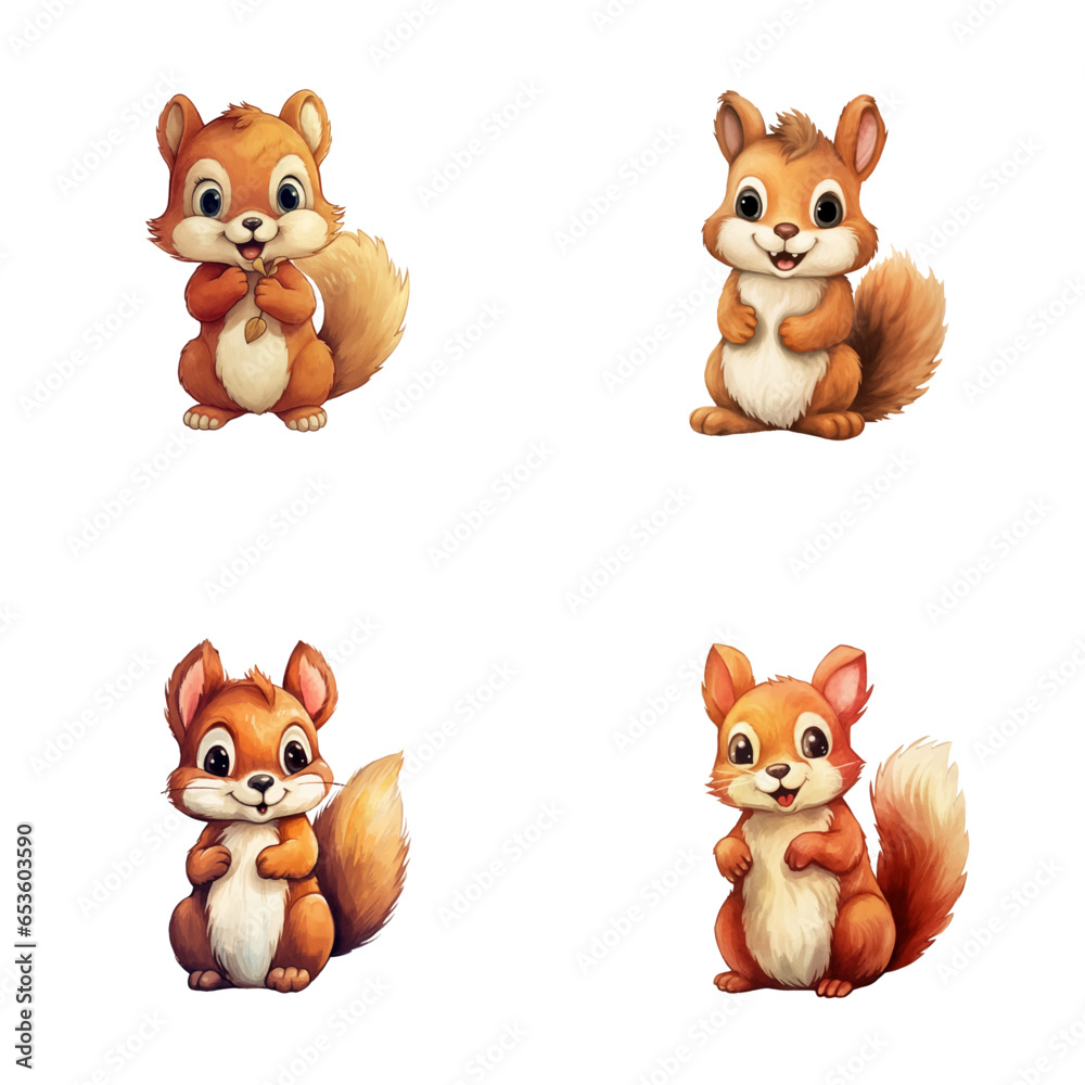 Obraz premium set of cute squirrel watercolor illustrations for printing on baby clothes, sticker, postcards, baby showers, games and books, safari jungle animals vector