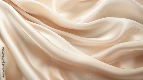 Beige cream vanilla light brown silk satin fabric. Soft wavy folds in the fabric. Wedding, anniversary, valentine, love, tender. Beautiful abstract background with space for your design. 