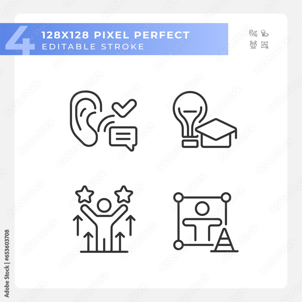 2D pixel perfect set of black icons representing soft skills, editable thin line illustration.