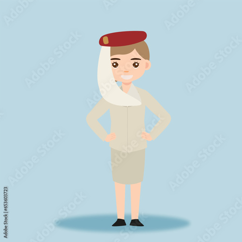 Stewardess. Woman hostess using uniform of boarding airplane girl vector cartoon characters. Stewardess and hostess attendant cartoon illustration