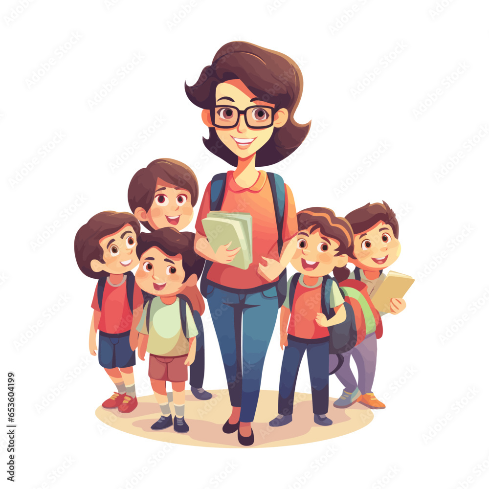 Cartoon vector illustration of a teacher with a group of children. Back to school concept