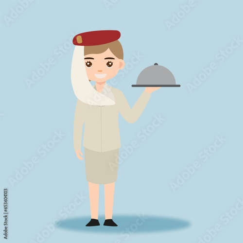 Stewardess. Woman hostess using uniform of boarding airplane girl vector cartoon characters. Stewardess and hostess attendant cartoon illustration