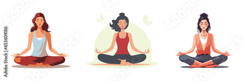 Cartoon young woman sitting in yoga posture. Lotus pose woman set. Vector illustration