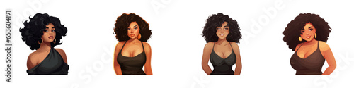 Chubby woman. Beautiful black young woman set. Vector illustration