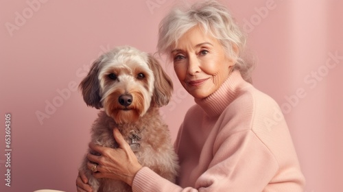 Senior lady and her dog in a well-lit studio.