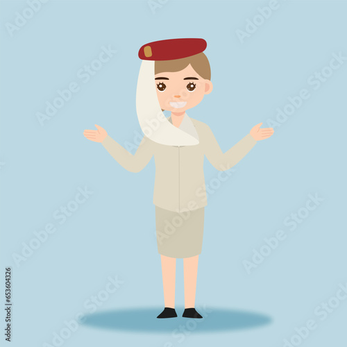 Stewardess. Woman hostess using uniform of boarding airplane girl vector cartoon characters. Stewardess and hostess attendant cartoon illustration
