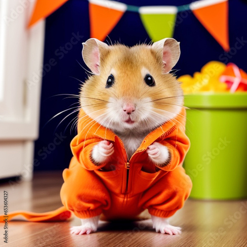 funny humster wearing orange jogging clothes in the house,
 photo