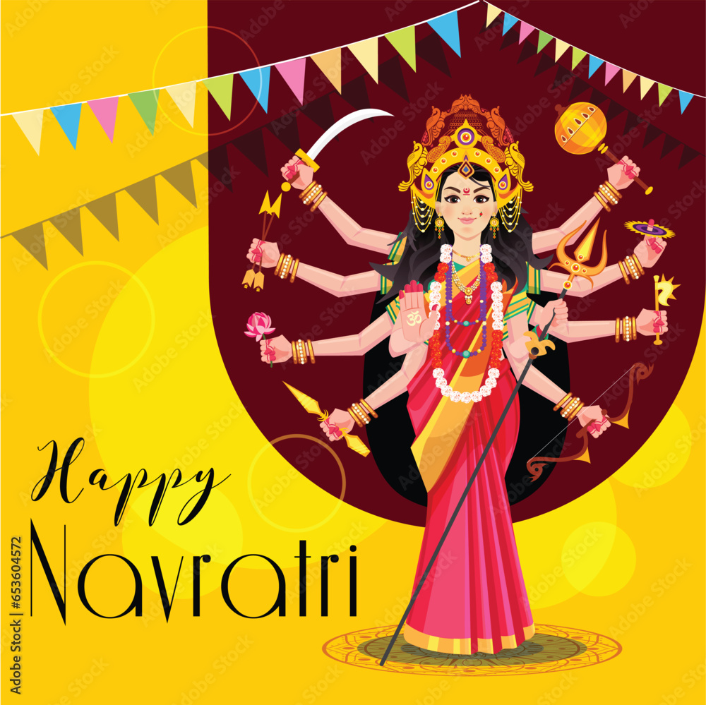 illustration of Goddess Durga Face For Happy Navratri, Couple Playing Garba and Dandiya in Navratri 
