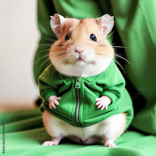 funny humster wearing green jogging clothes in the house,
 photo