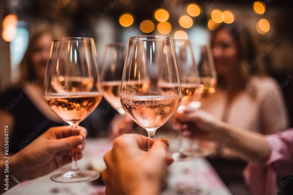 Close up of female hands clinking glasses of rose wine in restaurant - obrazy, fototapety, plakaty 