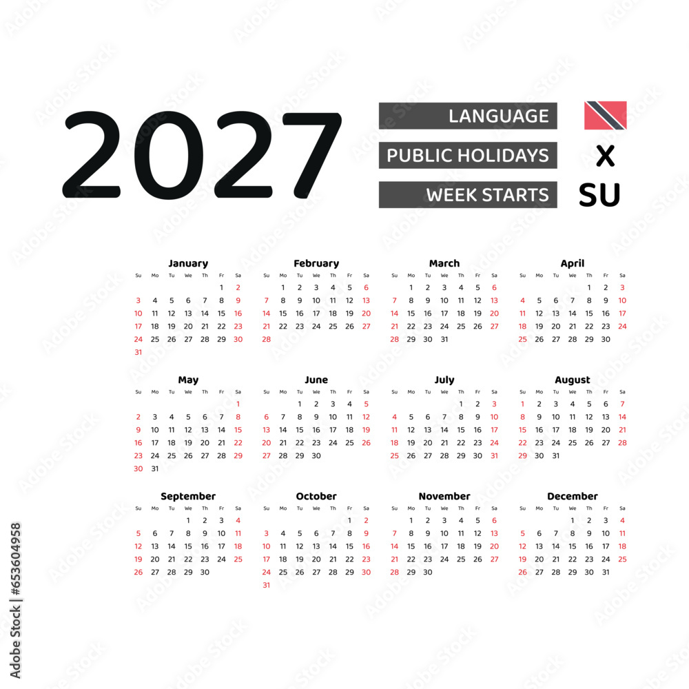Calendar 2027 English language with Trinidad and Tobago public holidays. Week starts from Sunday. Graphic design vector illustration.