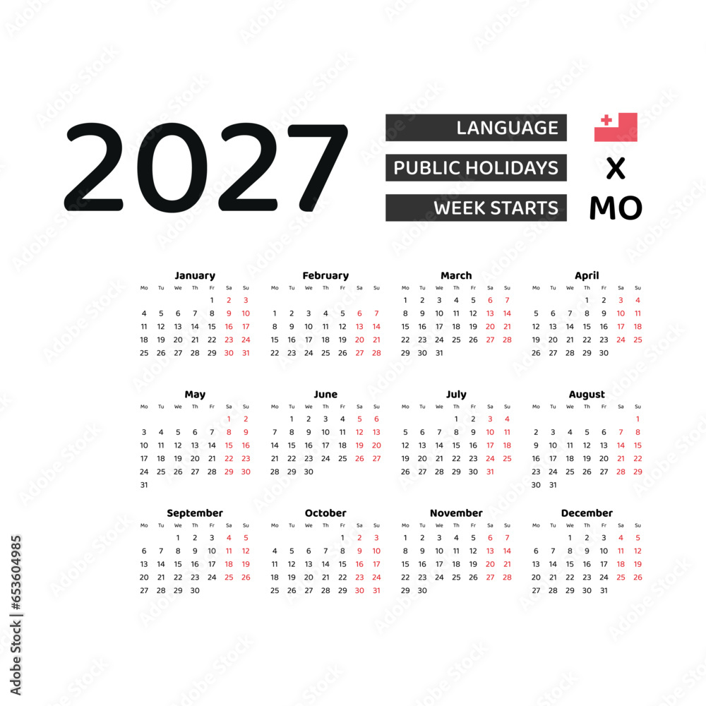 Calendar 2027 English language with Tonga public holidays. Week starts from Monday. Graphic design vector illustration.