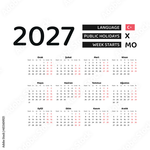 Calendar 2027 Turkish language with Turkey public holidays. Week starts from Monday. Graphic design vector illustration. photo