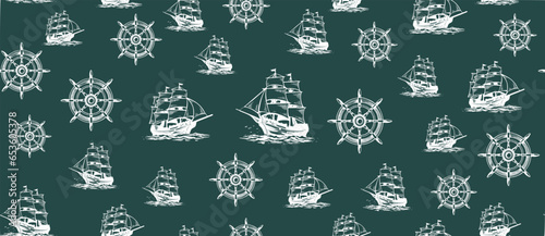Ship steering wheel, Vintage sailing yachts, vector.
