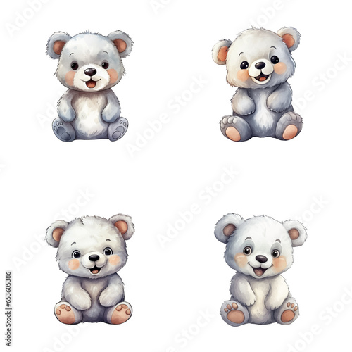 set of cute bear watercolor illustrations for printing on baby clothes, sticker, postcards, baby showers, games and books, safari jungle animals vector © Anasvectorpng