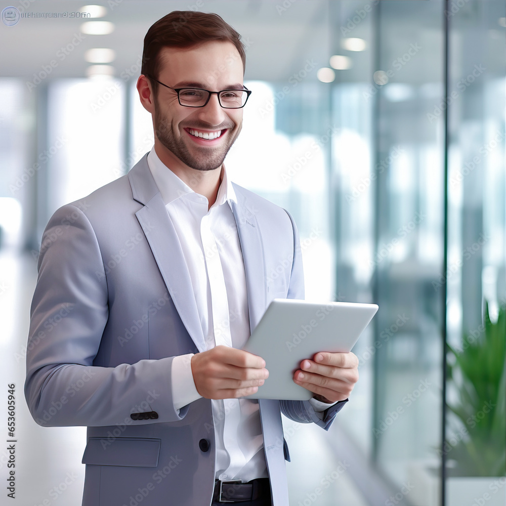 Business man standing in the office with a tablet in his hands
Business man standing in the office with a tablet in his hands