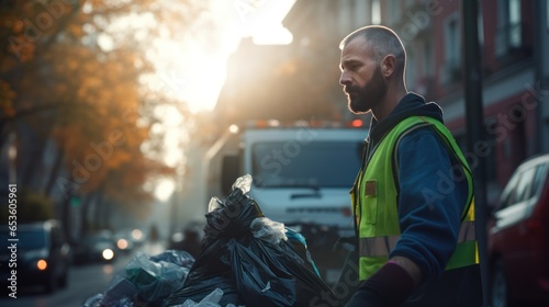 Garbage man working in the morning to picking plastic to garbage truck.