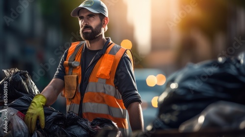 Garbage man working in the morning to picking plastic to garbage truck.