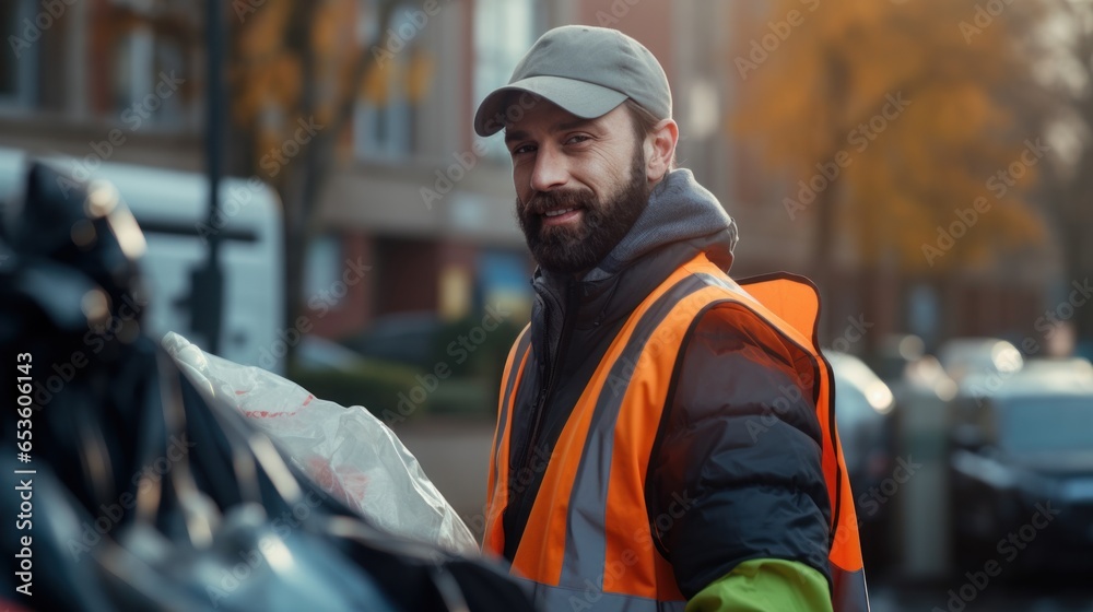 Fototapeta premium Garbage man working in the morning to picking plastic to garbage truck.