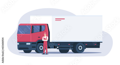 Box truck with delivery man standing next to it. Vector illustration.
