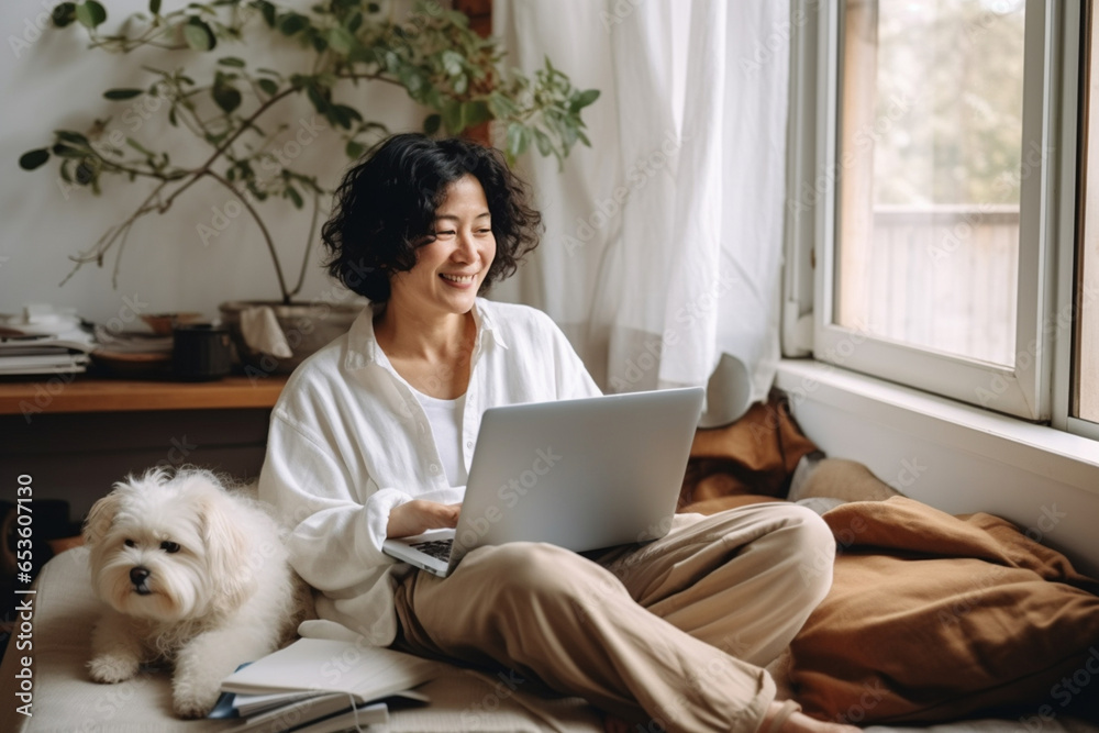 Happy middle-aged woman using laptop with her dog at cozy home. - obrazy, fototapety, plakaty 