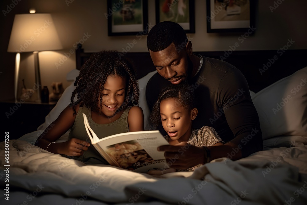 Family reading night. Happy parent. Generate Ai - obrazy, fototapety, plakaty 