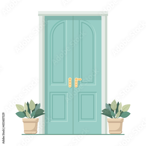 Blue front door with two pots with plants. Cartoon house illustration