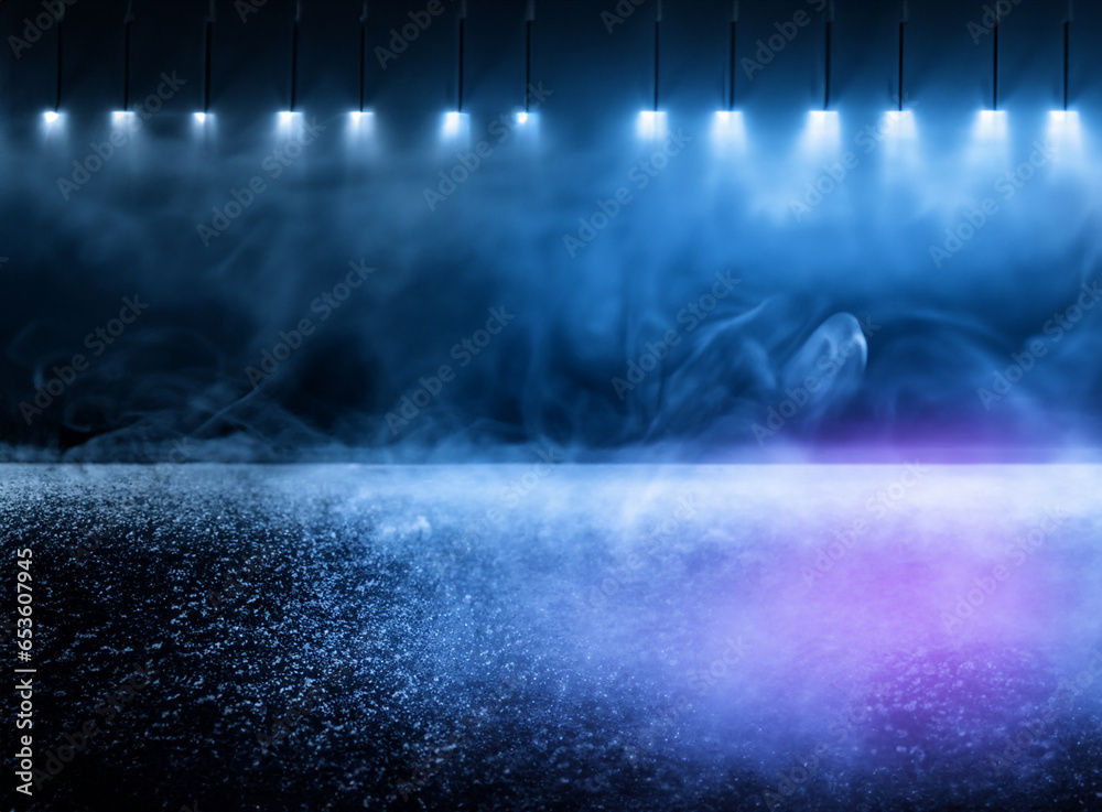 lights on stage with fog and blue lights