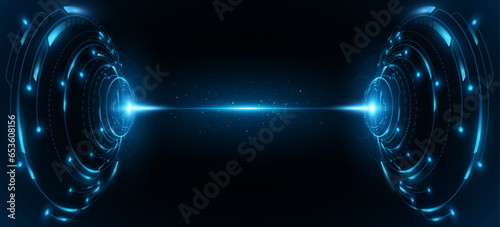 Digital glowing HUD circles with sparkling energy flash into cyberspace. Futuristic sci-fi elements with cyber circuit board. Abstract technology communication design. Vector illustration.