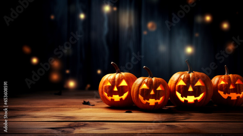 Halloween - Jack O' Lanterns - Candles And String Lights On Wooden Table. Generated by AI