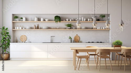 A functional, stylish kitchen Scandinavian design. Handleless white cabinetry, modern stainless steel appliances. Light marble. Geometric pendant lights, minimalist ceramic ware. Style of a Copenhagen