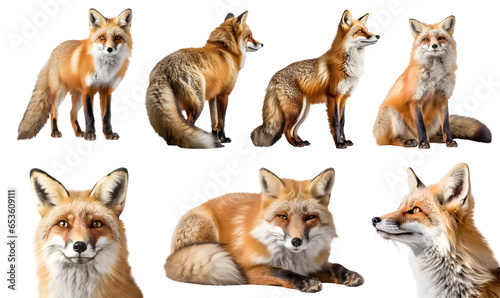 Fox, many angles and view portrait side back head shot isolated on transparent background cutout, PNG file