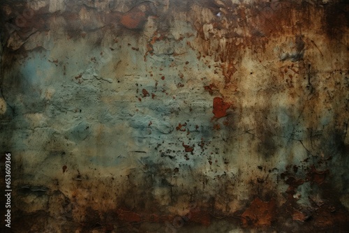 A weathered and stained metal surface with vibrant red and blue hues