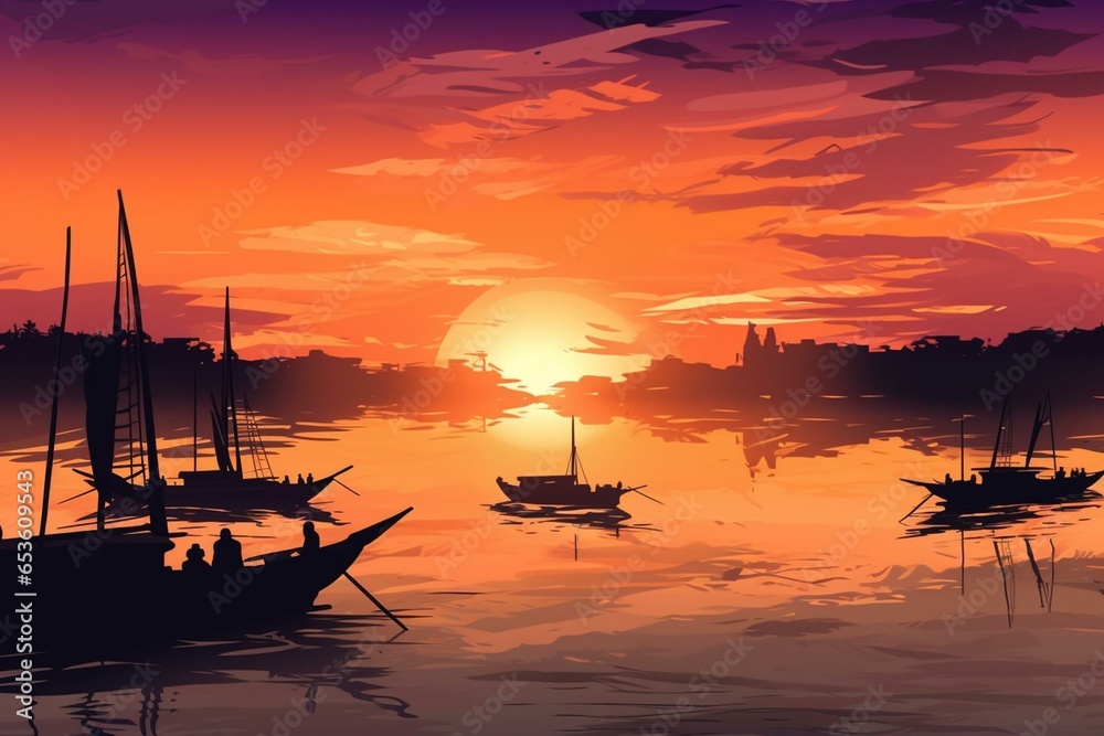 cityscape sunset with boats. Generative AI