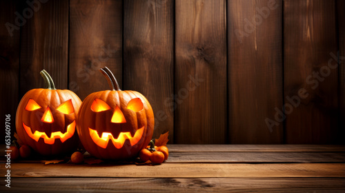 Halloween - Jack O' Lanterns - Candles And String Lights On Wooden Table. Generated by AI