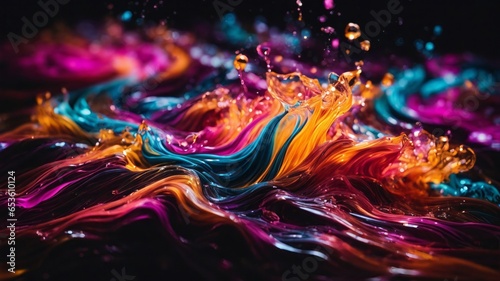 A Detailed Illustration Of Neon Colored Fluid Flowing Into Each Other Background. Closeup of Abstract Colorful, Highly-textured.
 photo