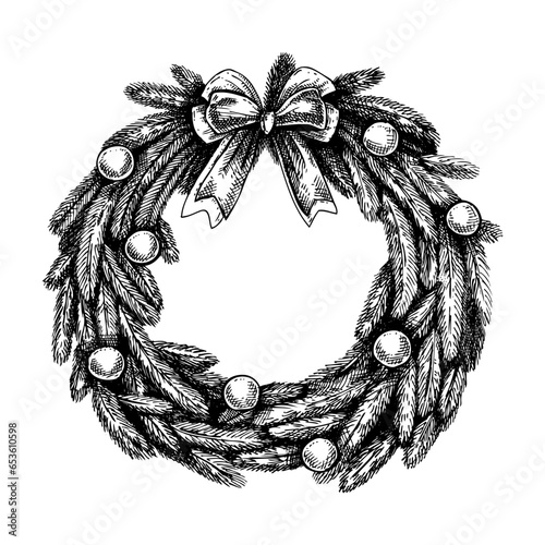 Vintage Christmas wreath sketch. Hand drawn vector illustration. Decorative design element