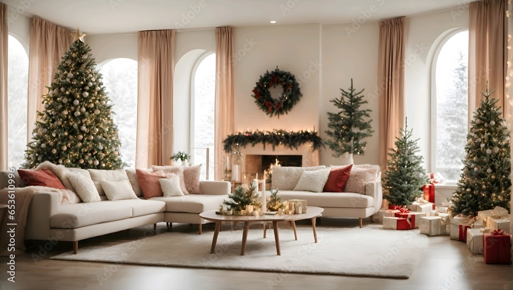 Large living room with decorated christmas tree and christmas gift, white style, festive, luxurious.