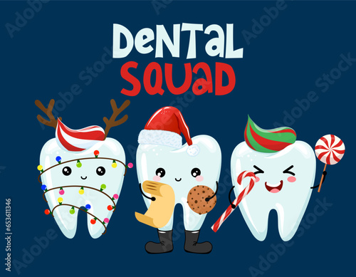 Dental squad - Tooth team characters in kawaii style. Hand drawn teeth with funny clothes. Good for school prevention poster, greeting card, banner, textile.